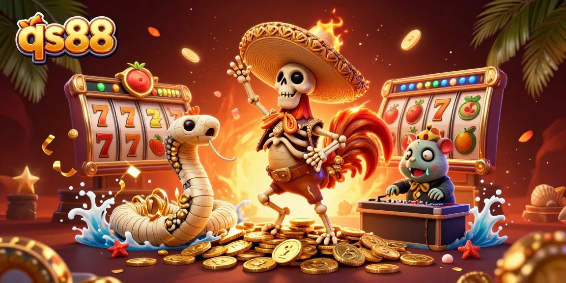 qs88 features a vibrant scene with a mariachi rooster, a mummy snake, and a DJ hamster enhancing online casino excitement.