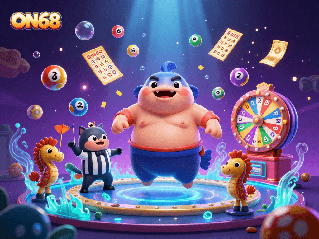 Experience excitement at ON68 with our vibrant underwater gaming scene, showcasing lively characters and lottery fun.