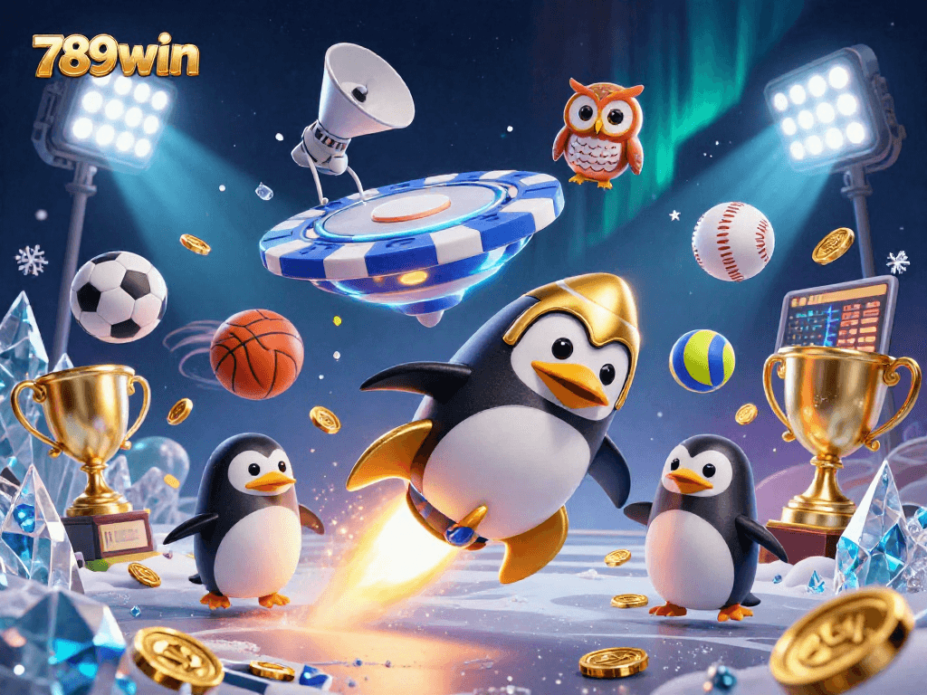 789win casino action scene with a golden penguin, dynamic sports elements, and a poker chip station.