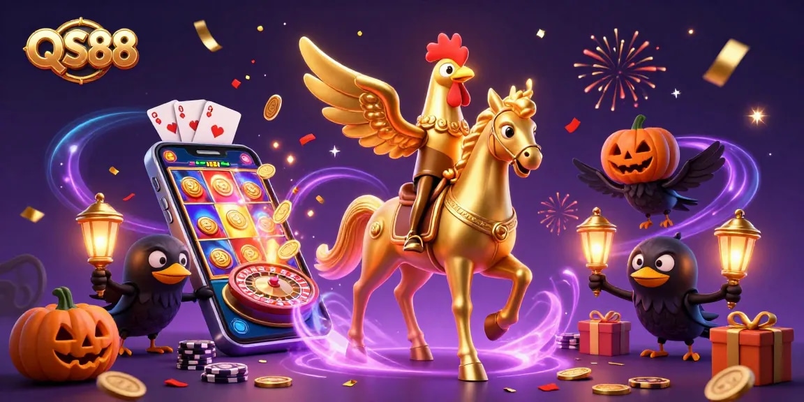 Experience thrilling moments at QS88 with a golden rooster navigating an enchanted casino scene.