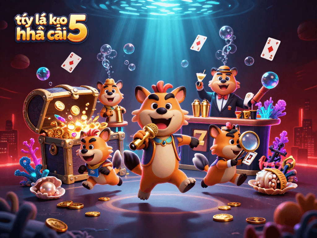 Experience the thrilling world of tỷ lệ kèo nhà cái 5 with animated hyenas in a vibrant casino setting.