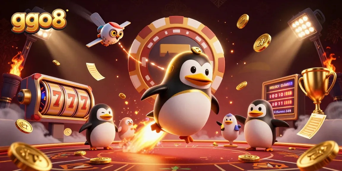 Experience the thrill of ggo8 with a golden penguin racing to a casino station amid dynamic game elements.