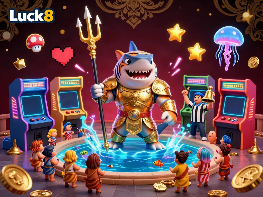 Experience excitement with Luck8, featuring a golden trident-wielding tiger shark amidst vibrant gaming elements in a colosseum.