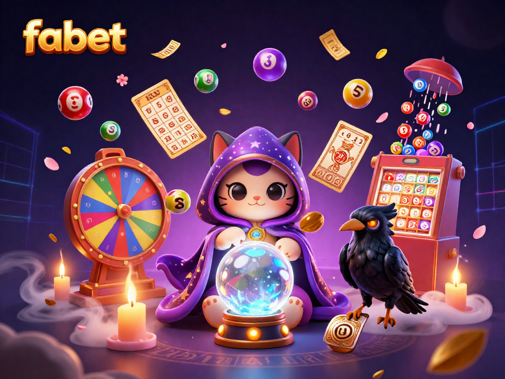 Engage with fabet through a vibrant casino scene featuring a mystical cat, raven, and dynamic game elements.