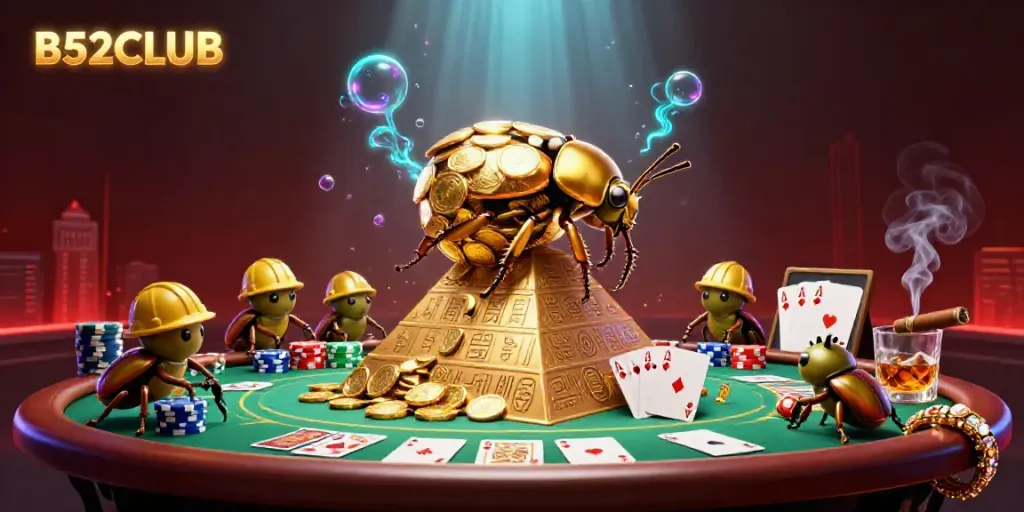 B52CLUB showcases a vibrant illustration of a golden beetle rolling coins in a dynamic casino scene.