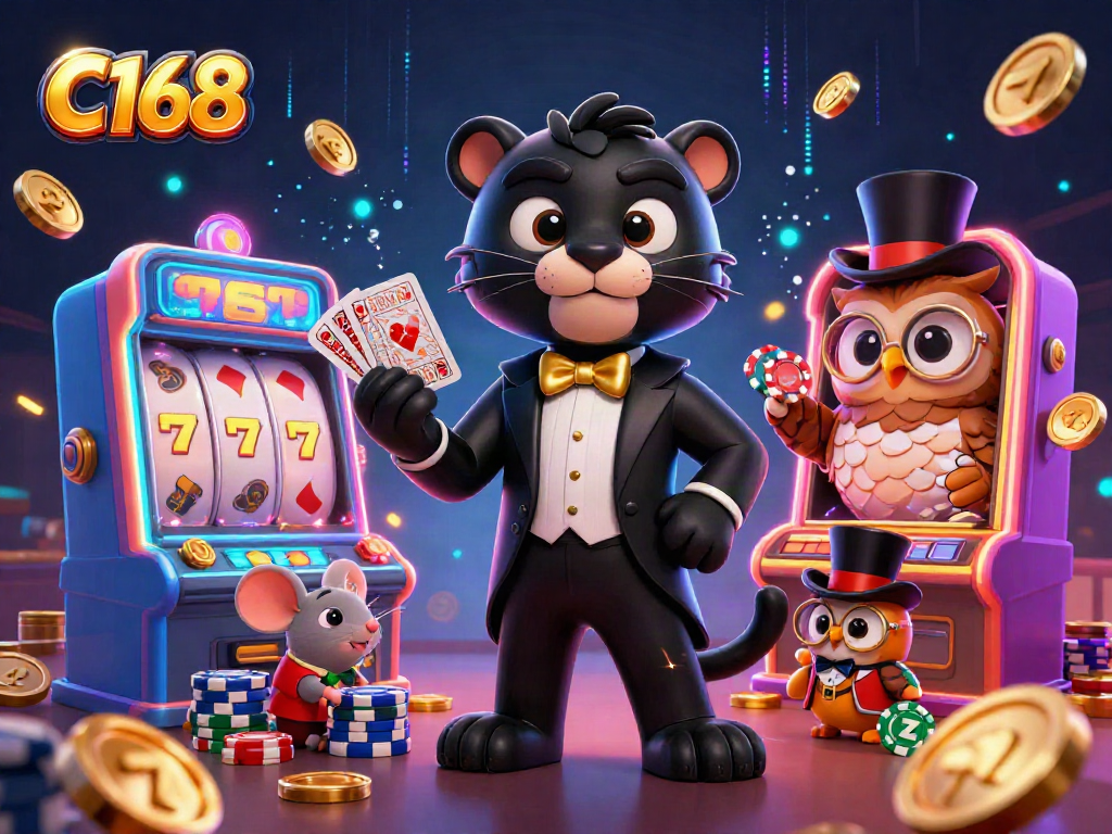 Engage with the lively scene of C168 featuring a tuxedoed panther dealing cards amidst vibrant slot machines.