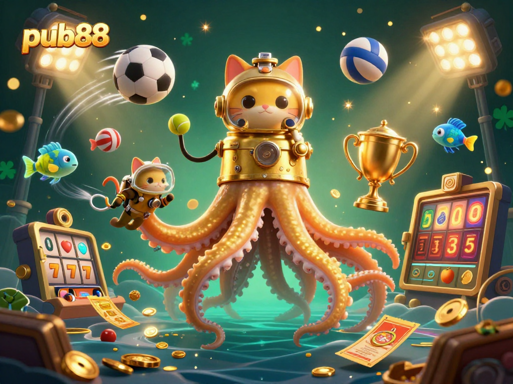 Experience the thrill of pub88 with a colossal kraken and a diving cat surrounded by dynamic casino elements and gold coins.