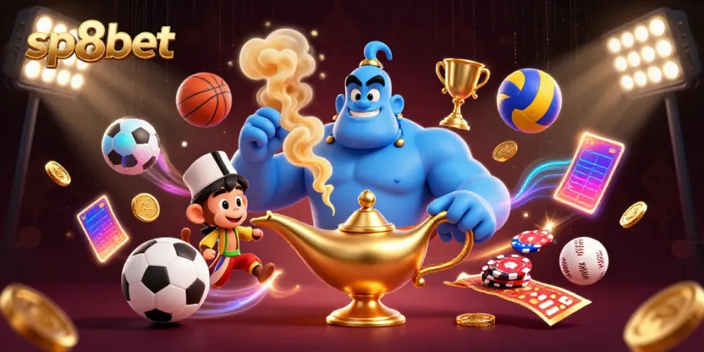 Engage in dynamic gameplay at sp8bet with colorful 3D casino elements and characters, capturing the excitement of online gaming.