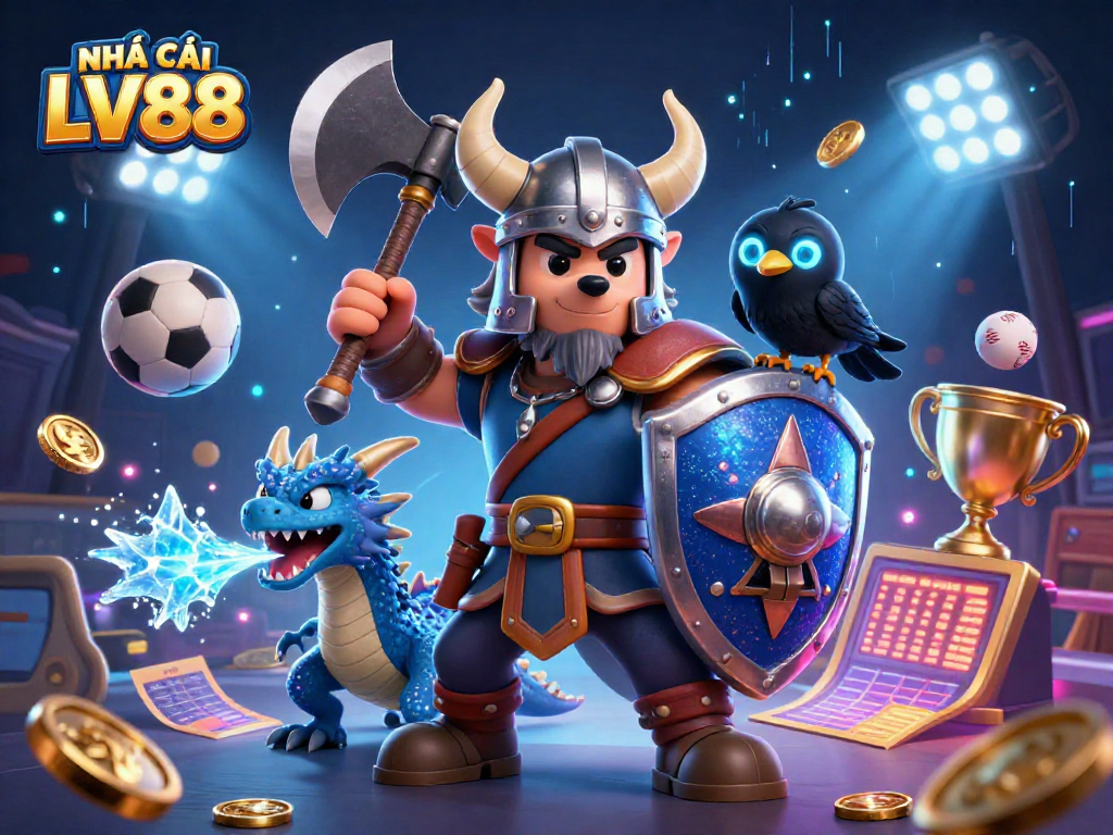 Engage in thrilling moments at NHÀ CÁI LV88, featuring a Viking wolf warrior with action-packed game elements in a vibrant 3D scene.