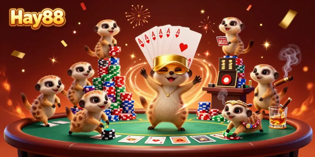 Experience excitement with Hay88 in a vibrant 3D casino scene filled with meerkats and poker action.