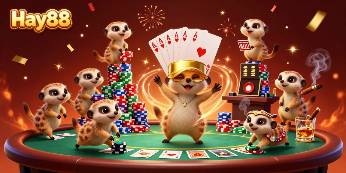 Experience excitement with Hay88 in a vibrant 3D casino scene filled with meerkats and poker action.