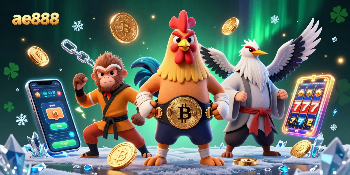 Experience slot excitement at ae888 with martial arts-themed characters and crypto elements in a vibrant 3D scene.