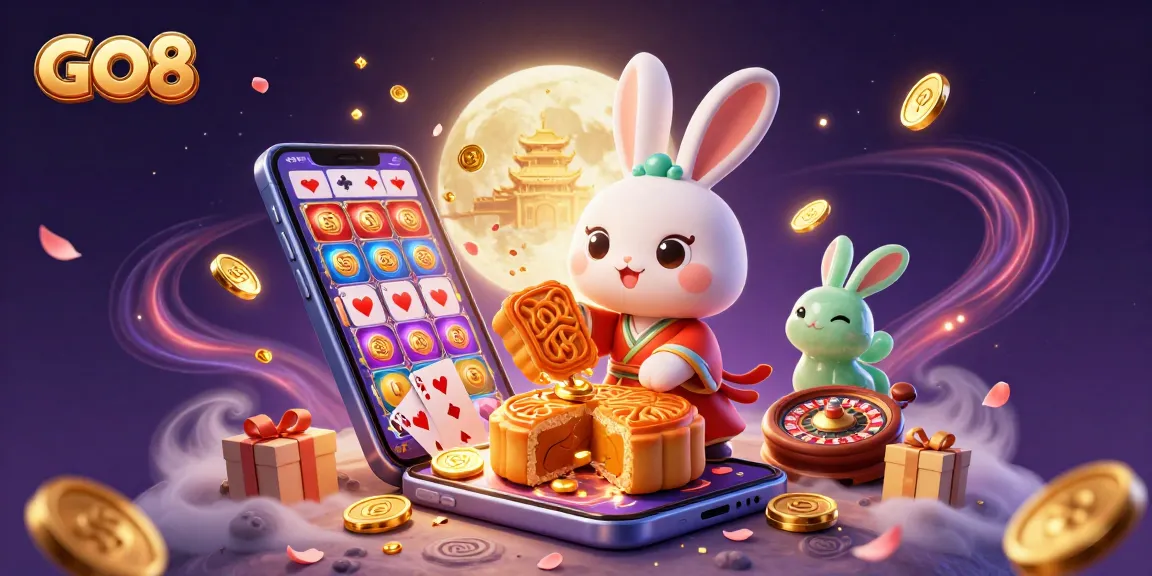 Engage with GO8 casino fun as a moon rabbit reveals poker chips in a vibrant, animated lunar scene.