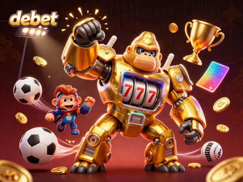 Experience thrilling gaming action with debet, featuring a golden gorilla mech and dynamic sports elements.
