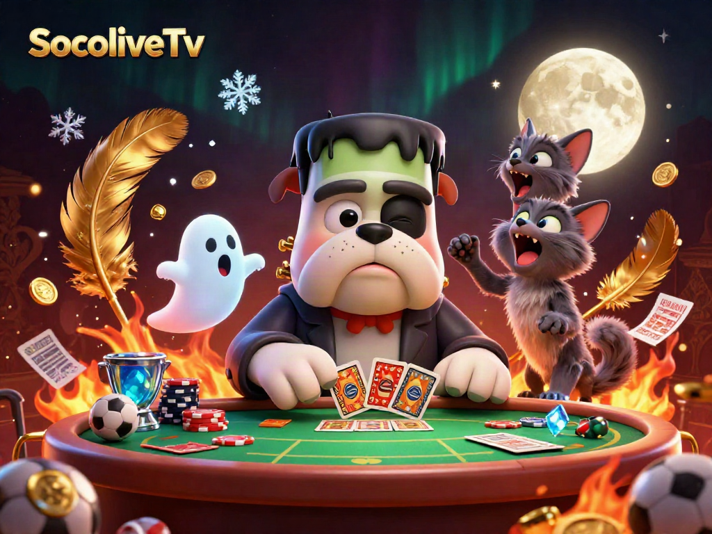 Engage in thrilling bets with SocoliveTv as a Frankenstein bulldog deals cards in a lively casino.