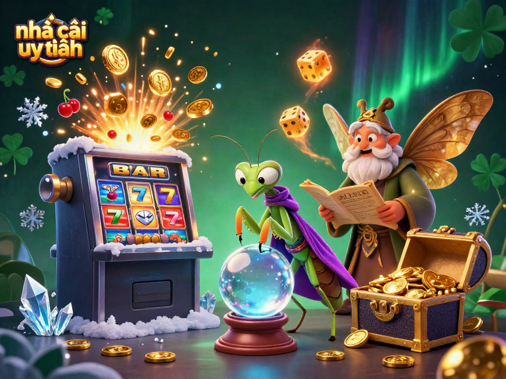 Engaging scene of a 3D fortune teller and librarian in casino-themed illustration promoting nhà cái uy tín with vibrant game elements.