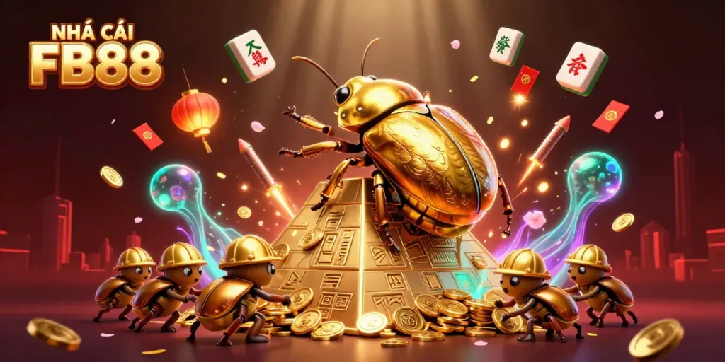 Experience NHÀ CÁI FB88 with golden coins and vibrant casino symbols in a dynamic 3D scene.