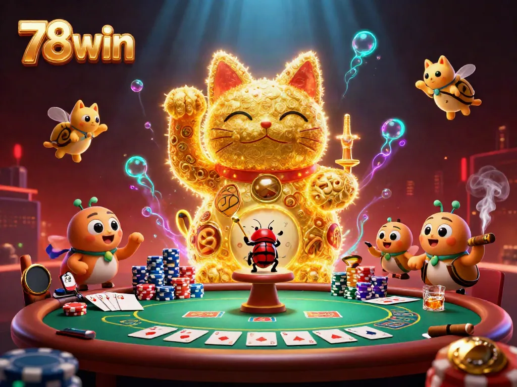 Engage with 78win's vibrant online casino experience as golden fireflies form a lucky cat amidst casino elements.