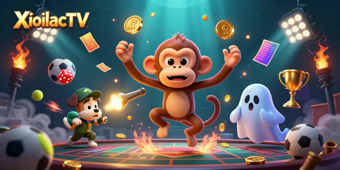 Experience captivating sports betting action with XoilacTV, featuring a lively poltergeist monkey and puppy in a dynamic casino scene.