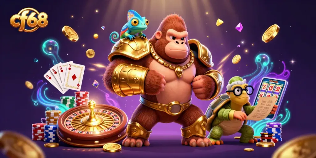 Experience thrilling adventure with cf68 as a gorilla king, chameleon spy, and tortoise elder amidst a vibrant casino.