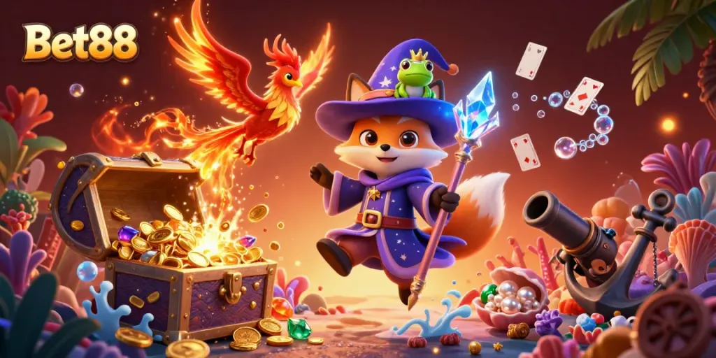 Bet88’s enchanting scene featuring a mystical wizard fox, a phoenix, and a treasure-filled coral reef.