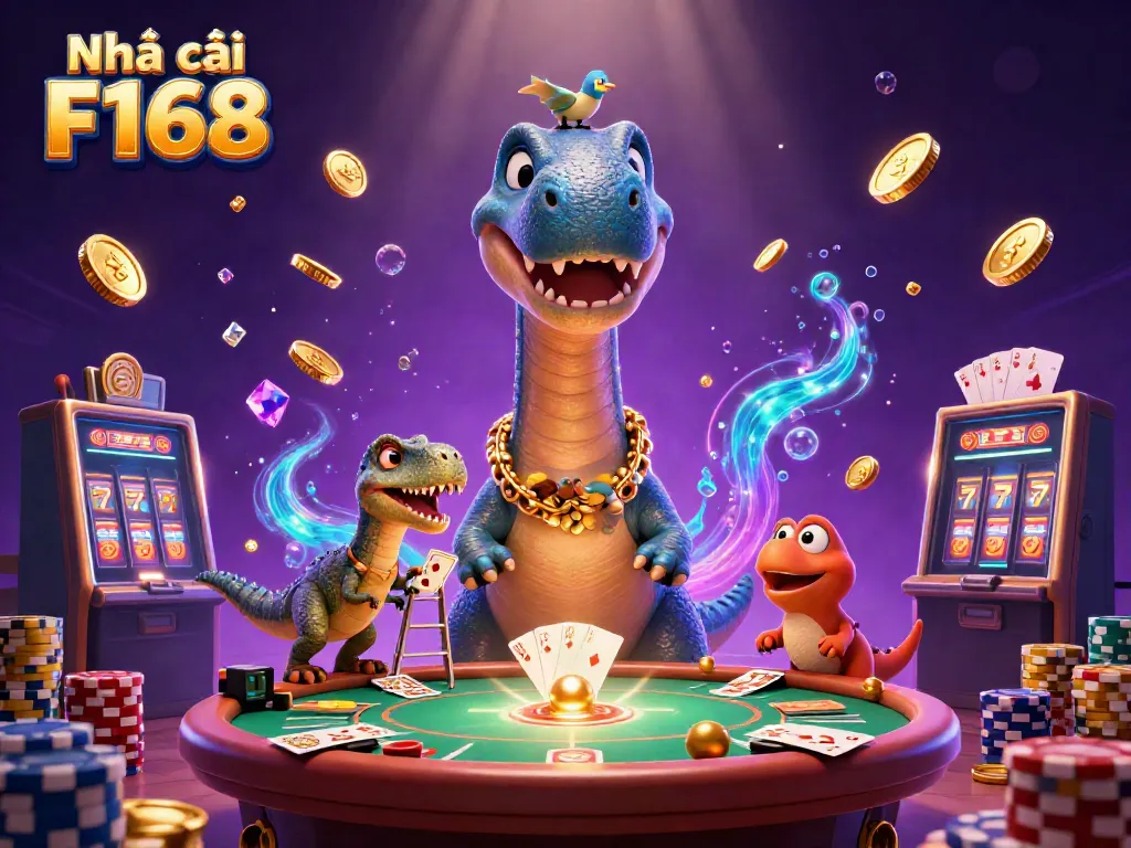 Experience the thrills at Nhà cái F168 with a vibrant casino scene featuring unique characters and dynamic games.