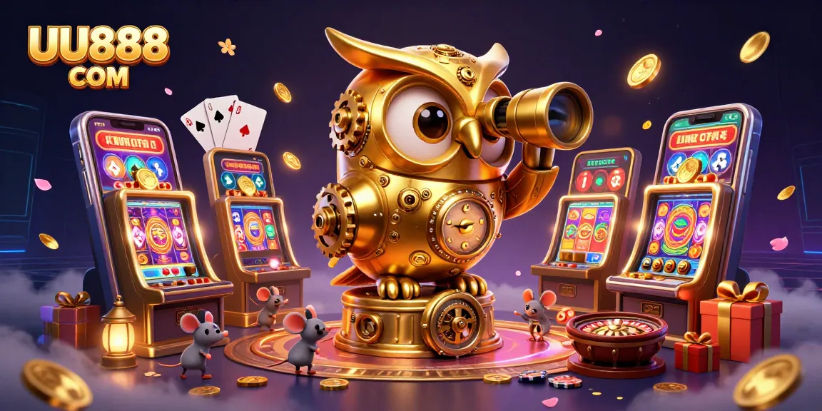 Experience excitement with UU888 COM showcasing a golden owl scanning a vibrant casino.