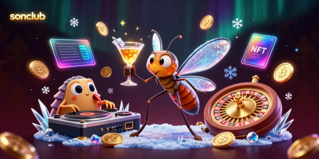 Experience the thrilling vibe at sonclub with a unique 3D casino scene featuring a vibrant mascot, DJ, and roulette wheel.