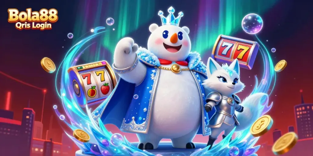 Bola88 Qris Login celebrates thrilling gaming with a majestic ice king polar bear and elegant snow fox among vibrant slot machine elements.