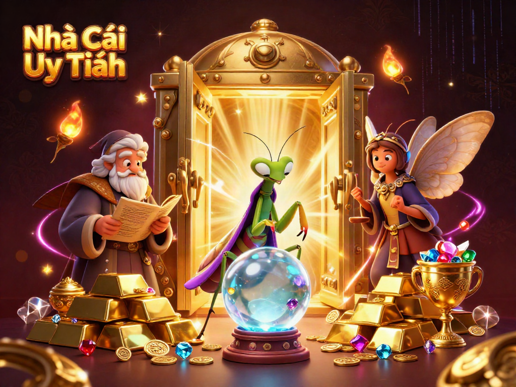 Experience the vibrant world of Nhà Cái Uy Tín with fortune tellers and treasures in a captivating casino-themed scene.