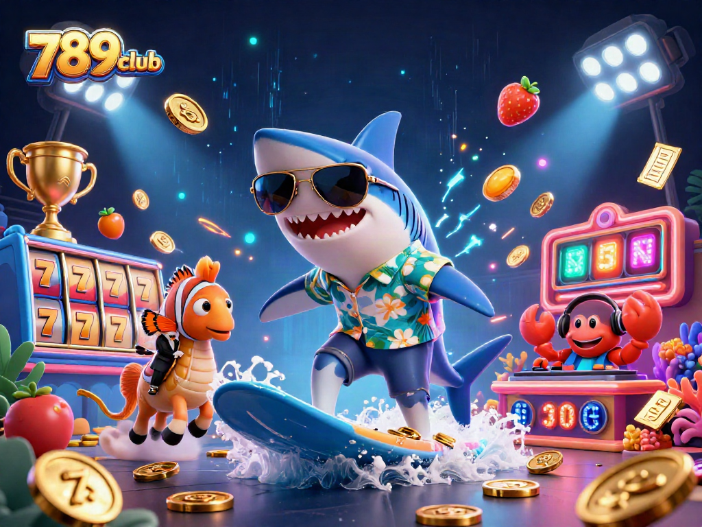 Engage with 789club through a vibrant 3D gaming scene featuring a shark surfing on gold coins amidst exciting casino elements.