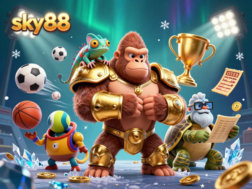 Catch the excitement of sky88 sports betting with a dynamic 3D scene featuring a powerful gorilla, chameleon, and tortoise.