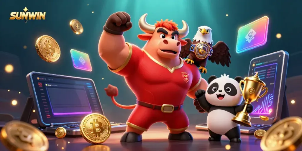 Experience the thrill of SUNWIN with a dynamic scene featuring casino characters and vibrant crypto elements.