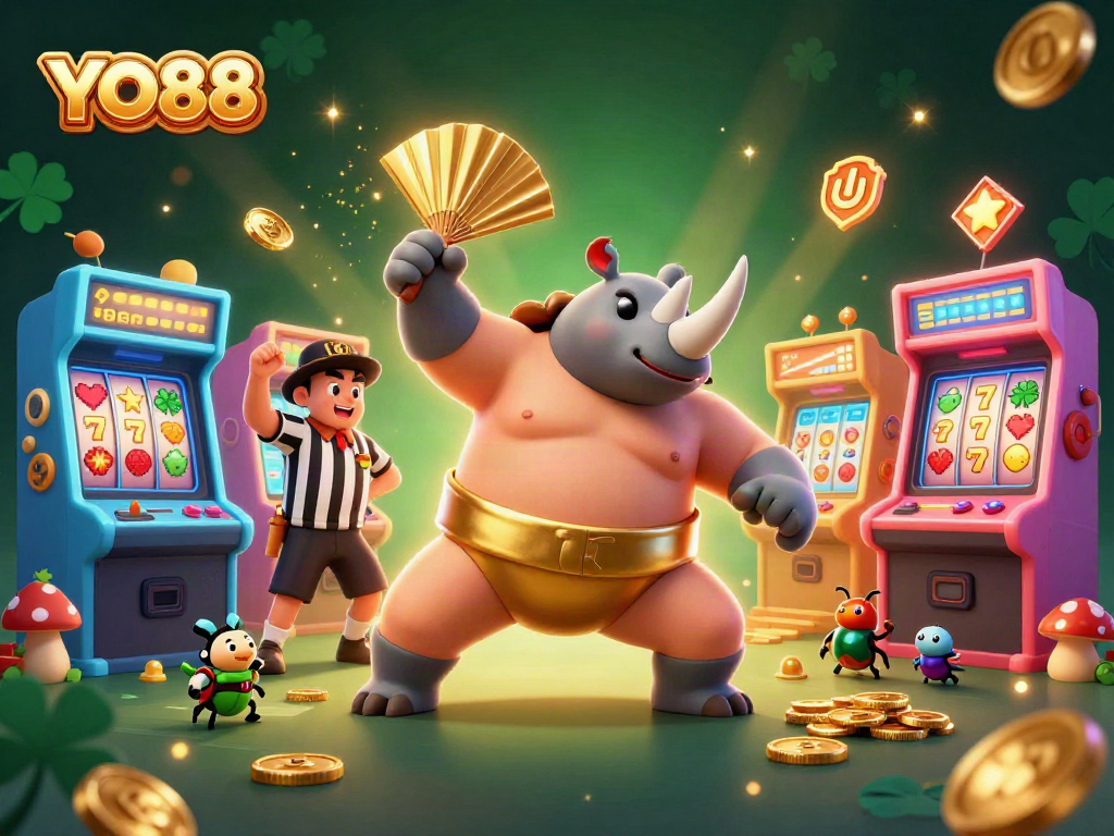 Experience the excitement of YO88 with a dynamic illustration showcasing a fierce sumo beetle champion surrounded by gambling elements.