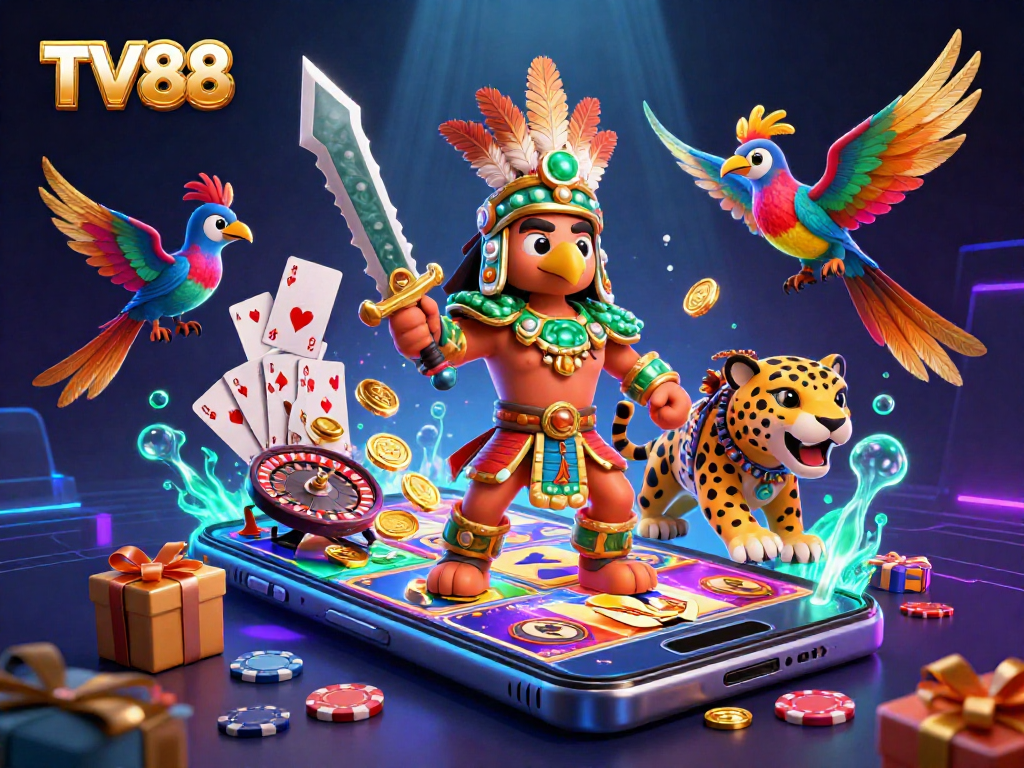Spin and win in TV88's vibrant casino scene with rich colors and action-packed elements.