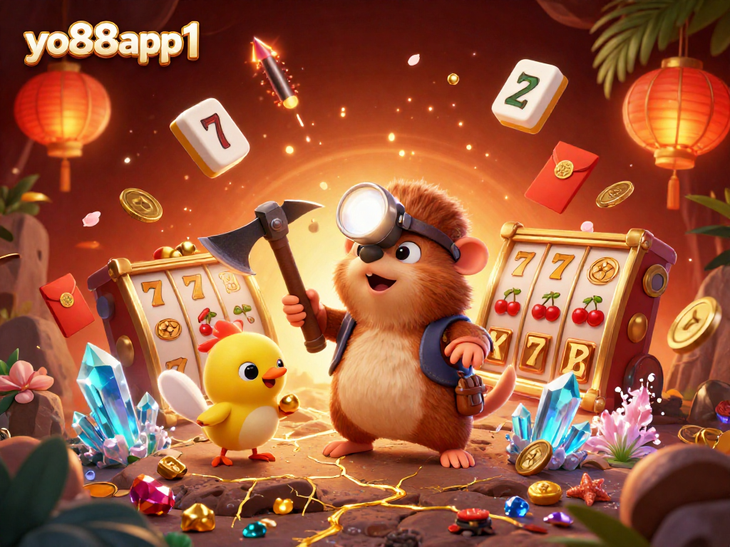 Explore exciting gameplay dynamics with yo88app1 in this treasure hunting 3D casino illustration.