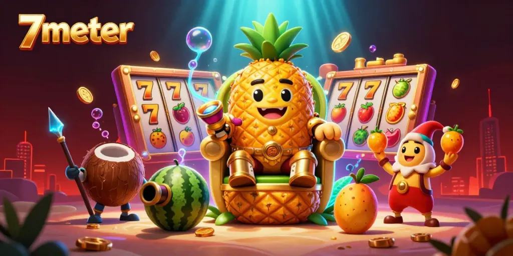 Experience big wins with 7meter's vibrant 3D casino scene featuring the golden pineapple king.