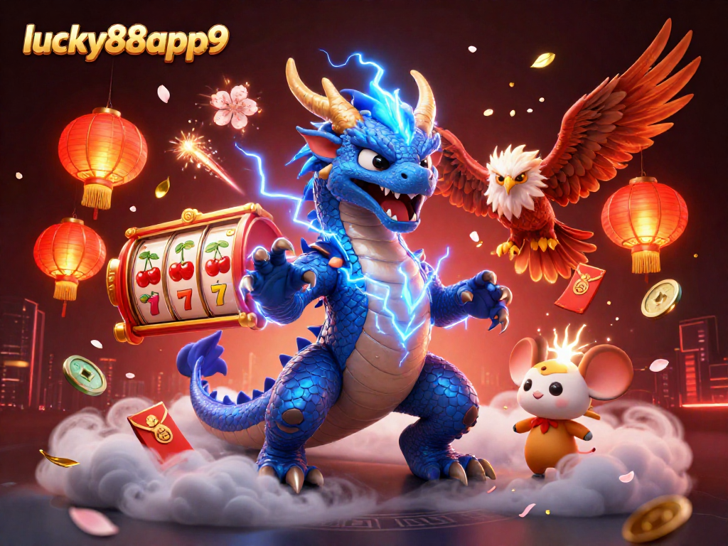 Engage with lucky88app9 and its electrifying slot experiences in a vibrant 3D casino scene.