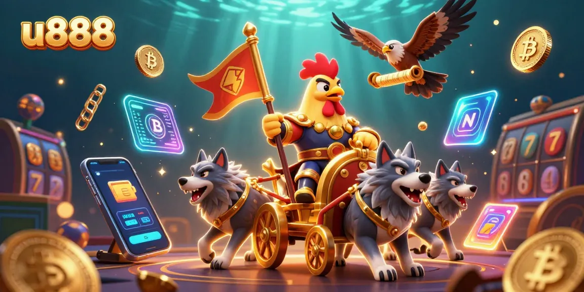 Play slots with u888 as a cartoon rooster warlord leads a golden chariot through a vibrant casino scene.
