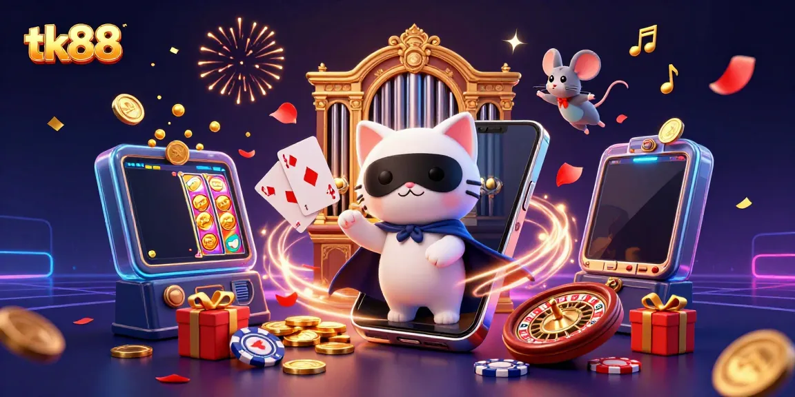 Engage with tk88 in a vibrant casino scene featuring a whimsical white cat and exciting gaming elements.