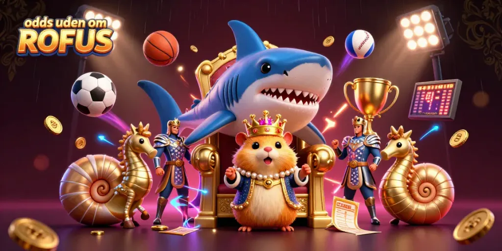 Place bets and explore odds uden om ROFUS with a vibrant 3D casino scene featuring unique characters and sports elements.