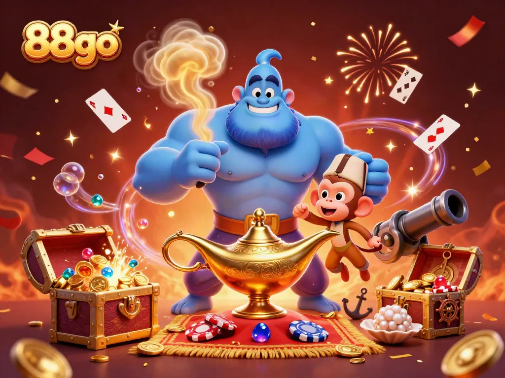 Experience the thrilling adventure of 88go with a genie, treasure, and casino games in a dazzling virtual setting.