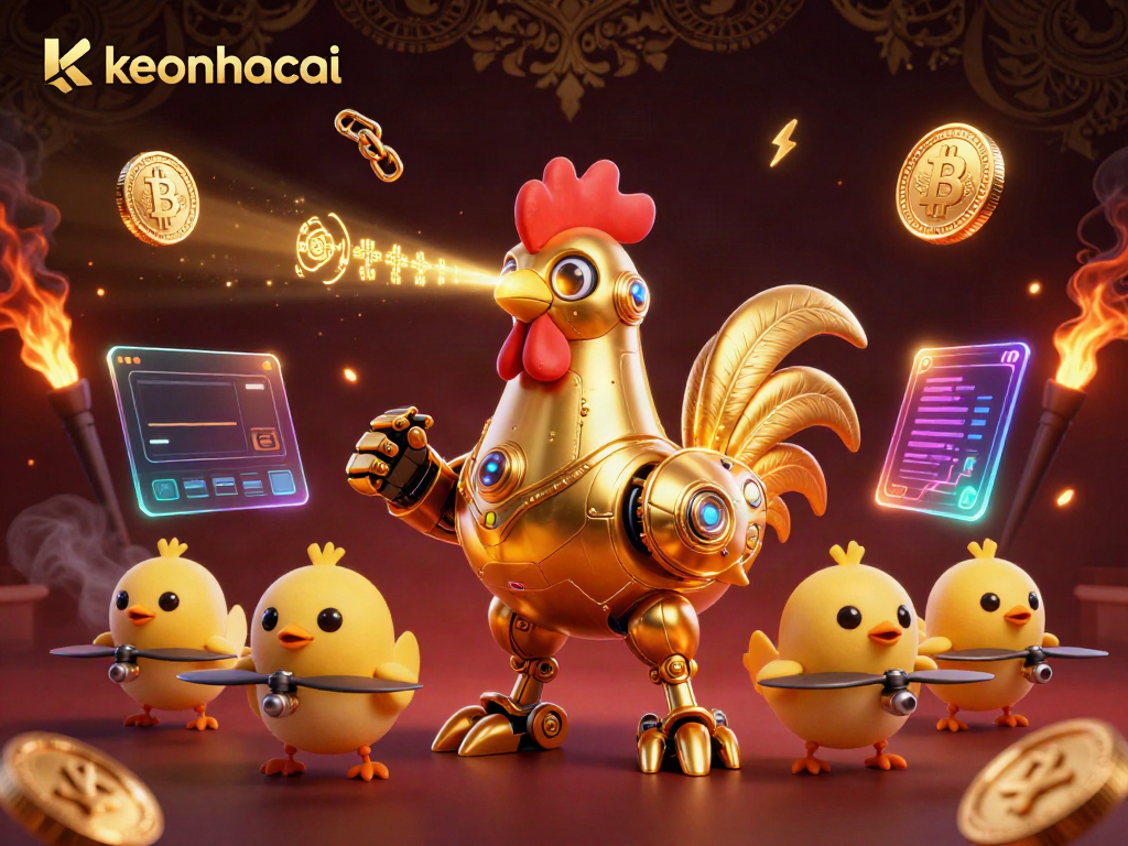Engage with the vibrant keonhacai scene featuring a golden rooster robot and crypto elements for esports.