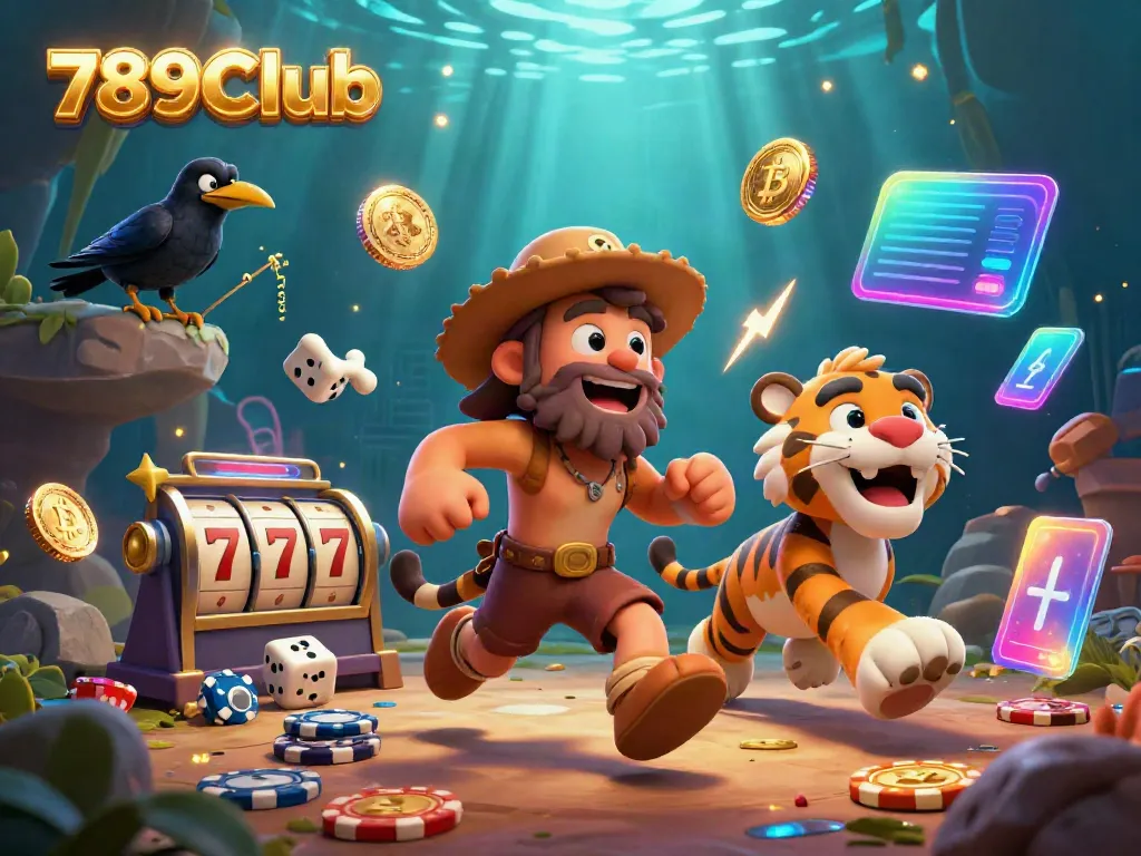 Experience thrilling gaming at 789Club with a lively caveman-casino scene filled with vibrant elements.