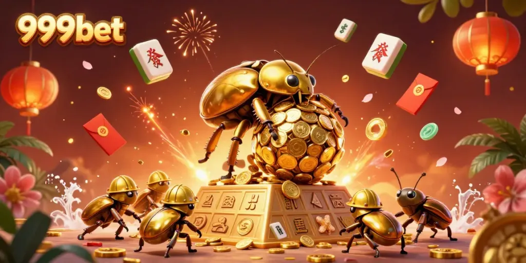 Experience 999bet's thrilling slot adventure as a golden beetle rolls coins up a pyramid.