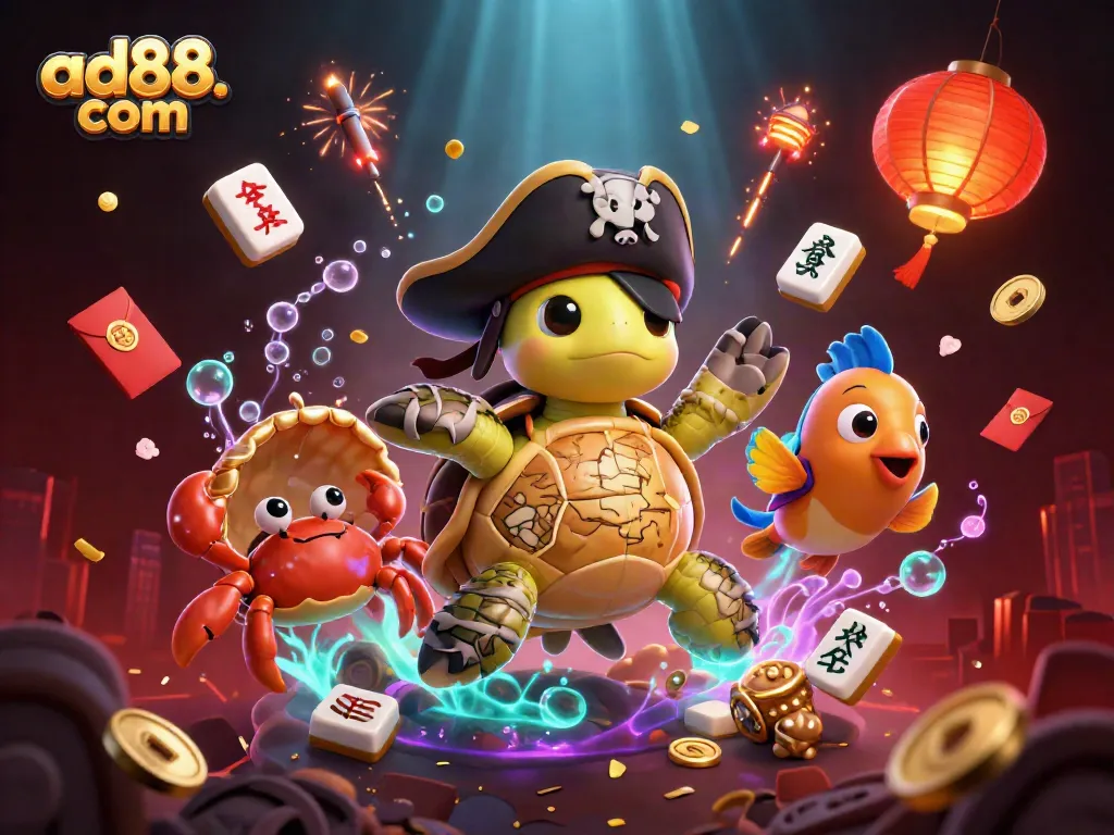 Experience exciting gameplay at ad88. com with cartoon pirate characters amidst vibrant casino elements.