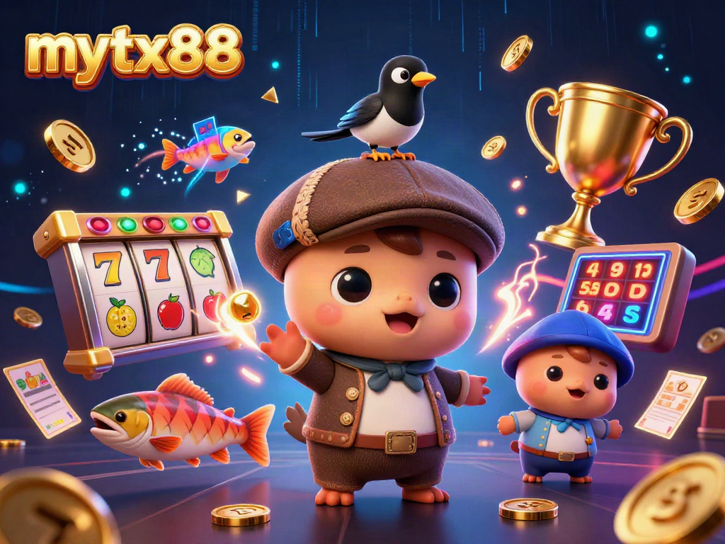 Experience thrill and entertainment at mytx88 Casino with this vibrant 3D scene filled with slot game excitement.