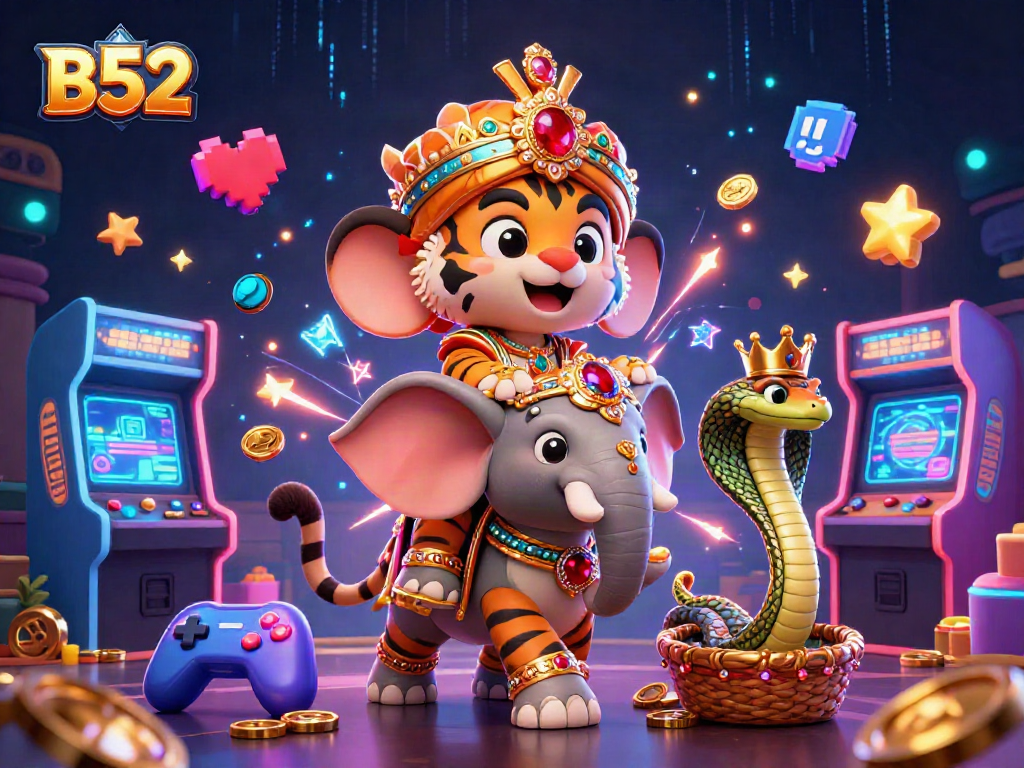 B52 players enjoy a vibrant gaming scene with cartoon characters, arcade machines, and glowing casino elements.