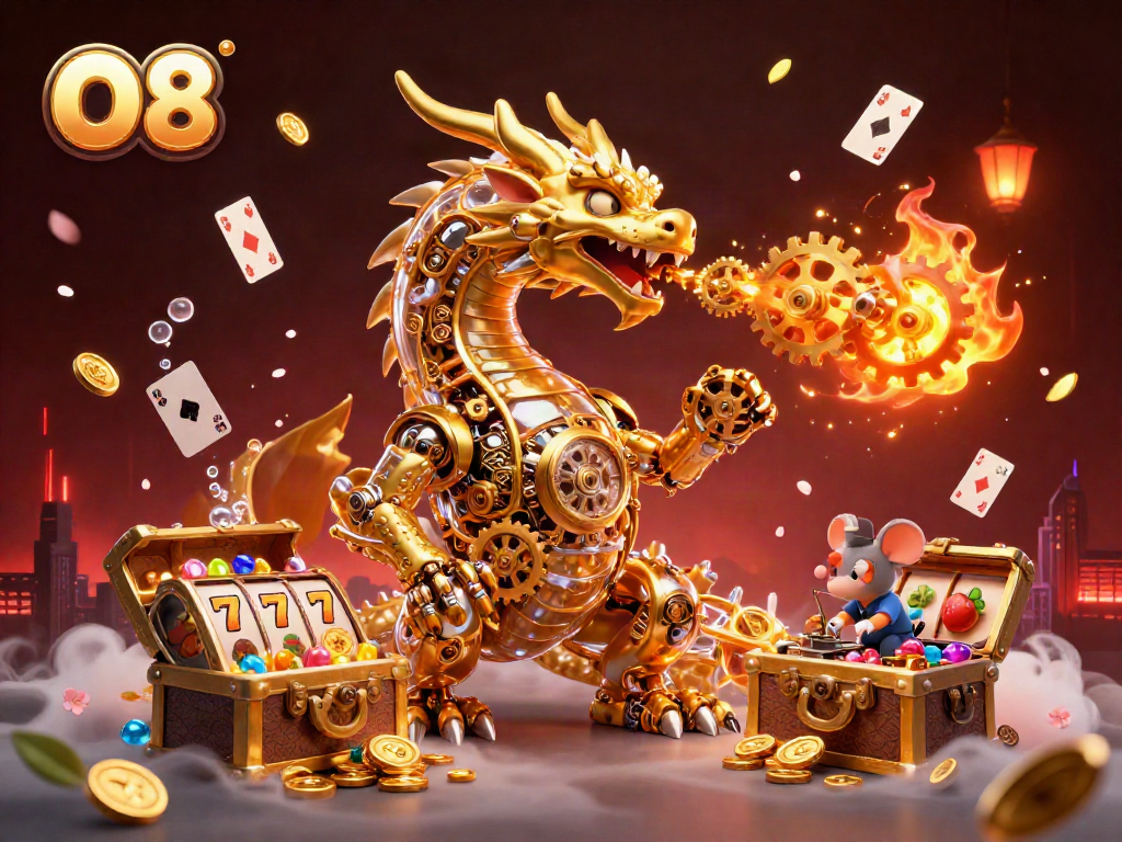 Engage in O8 gaming with a dynamic scene featuring a golden dragon and vibrant casino elements.