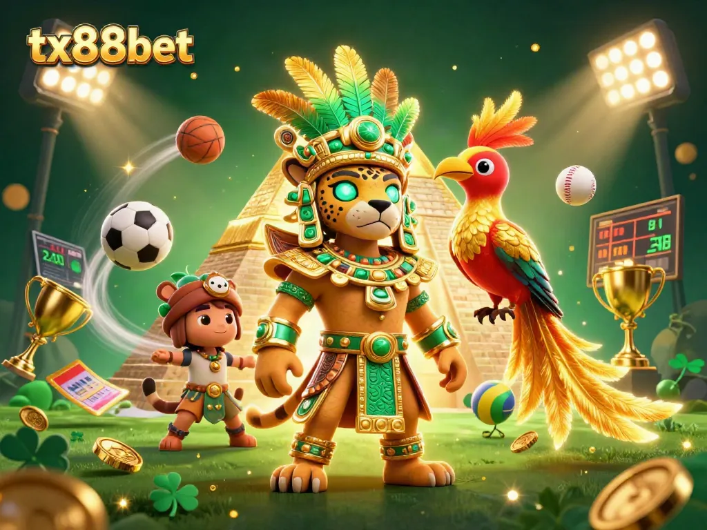 Engage with tx88bet in a vibrant 3D illustration showcasing dynamic sports elements and characters.